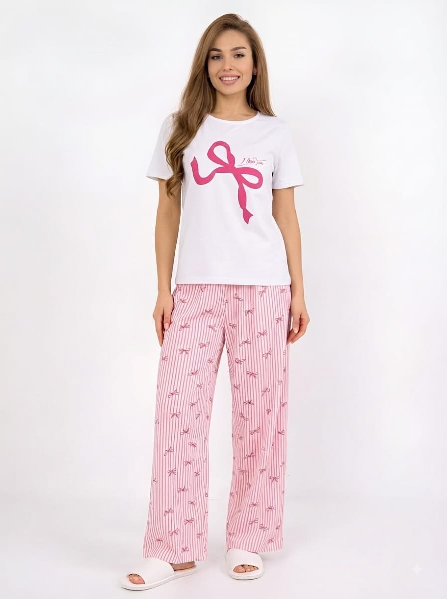 3e964bb7-2163-4b86-bb99-453a6cc1d12b بيجامة حريمي قطن صيفي – تيشيرت وبنطلون طويل بتصميم مريح - الصورة 1