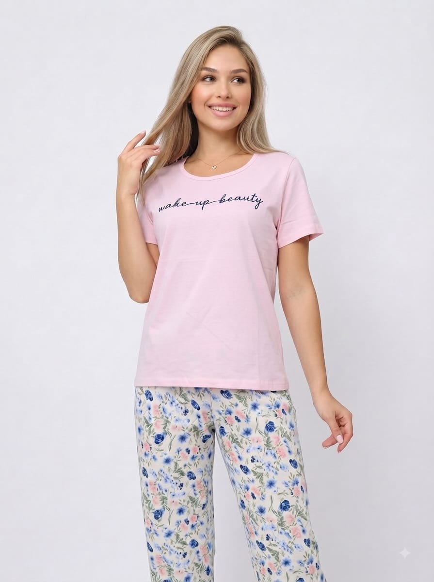 49d354e8-c0e2-4d43-9671-fd4df7eaf09c بيجامة حريمي قطن صيفي – تيشيرت وبنطلون طويل بتصميم مريح - الصورة 1