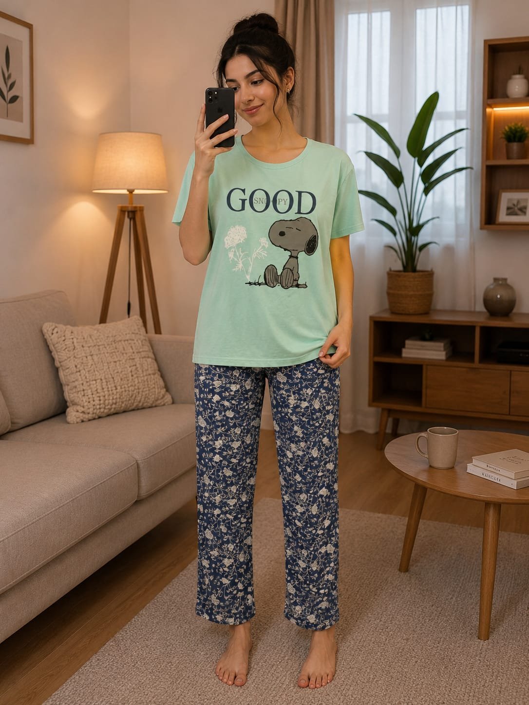 59d9fe99-291f-426a-ba04-f0a2c4d9ae50 بيجامة حريمي قطن صيفي – تيشيرت وبنطلون طويل بتصميم مريح - الصورة 1