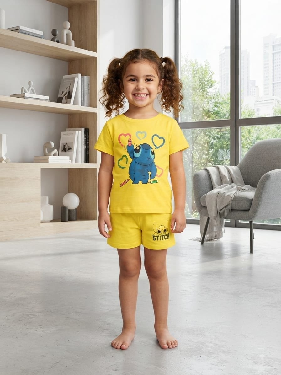 WhatsApp Image 2026-08-21 at 7.29.48 PM بيجامة بناتي قطن صيفي – Stitch - الصورة 1