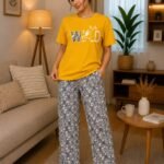 بيجامة حريمي قطن صيفي – تيشيرت وبنطلون طويل بتصميم مريح