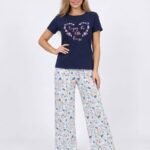 بيجامة حريمي قطن صيفي – تيشيرت وبنطلون طويل بتصميم مريح