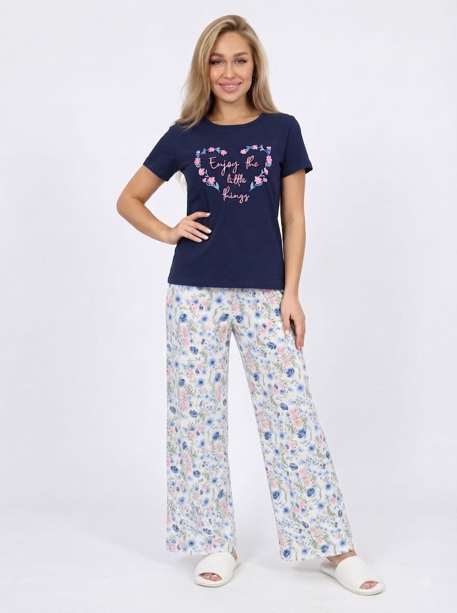 e099994d-a100-4829-bbdd-27c022feaa0f بيجامة حريمي قطن صيفي – تيشيرت وبنطلون طويل بتصميم مريح - الصورة 1
